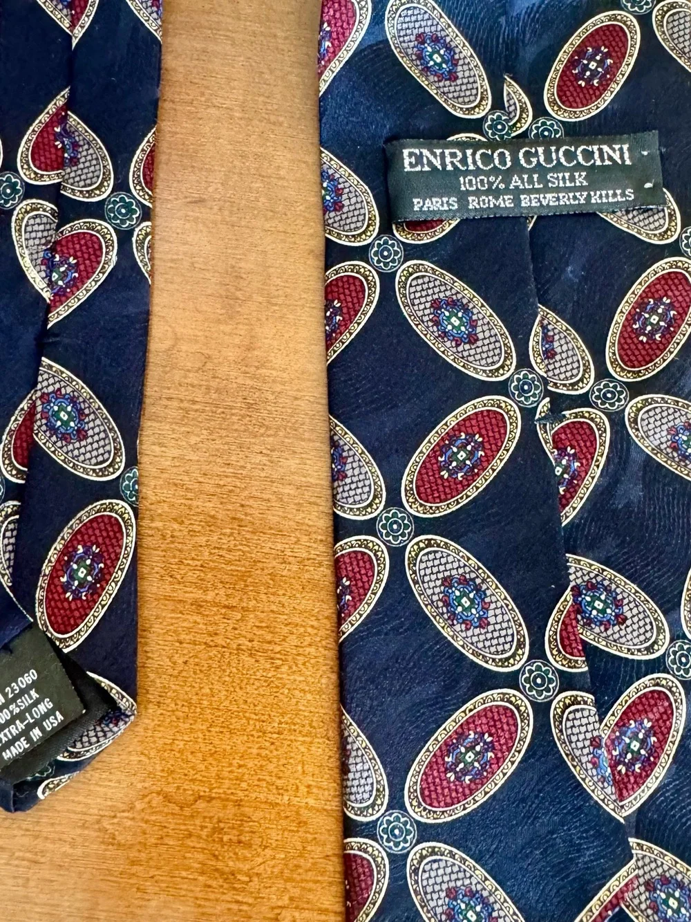 Enrico Guccini Men’s necktie 100 % Silk Navy Retro Print Suit Extra Long Length